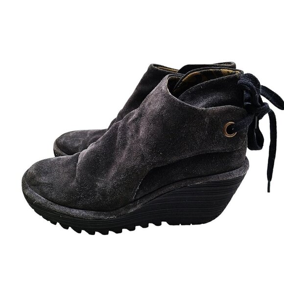 Fly London Wedge Booties Yama Slouch Tie Back Ankle Boots Grey Suede EU Size 38 - Picture 1 of 10